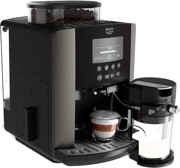 Krups Quattro Force Arabica Latte EA819E - Cafetera superautomática 15 bares, pantalla LCD, programas de leche y personalización bebidas, molinillo metálico profesional, modo limpieza, jarra leche Embalaje Deteriorado For Cheap