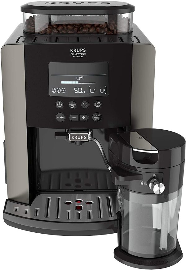 Krups Quattro Force Arabica Latte EA819E - Cafetera superautomática 15 bares, pantalla LCD, programas de leche y personalización bebidas, molinillo metálico profesional, modo limpieza, jarra leche Embalaje Deteriorado For Cheap